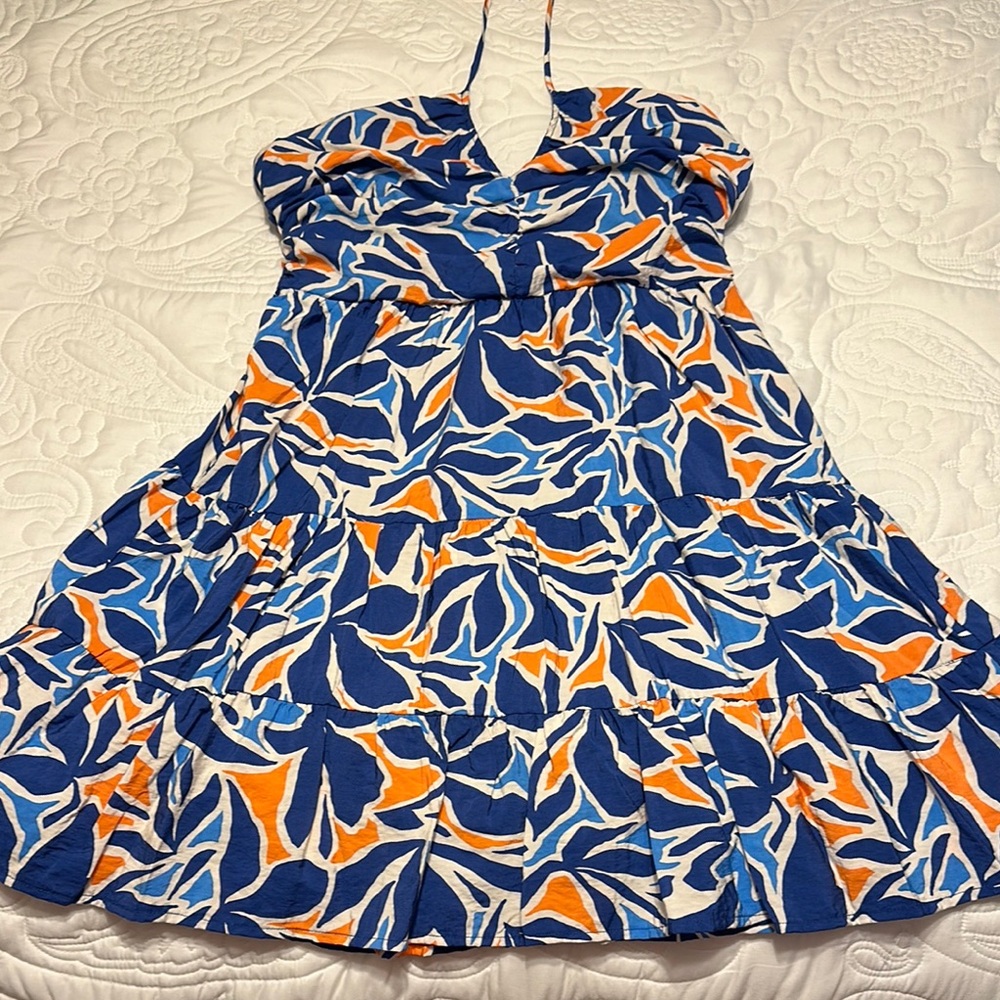 Blue & Orange Printed Halter Mini Dress
